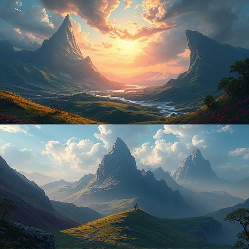 AI-generated artwork showcasing different stylistic variations of a fantasy landscape, demonstrating the impact of prompt and parameter adjustments.