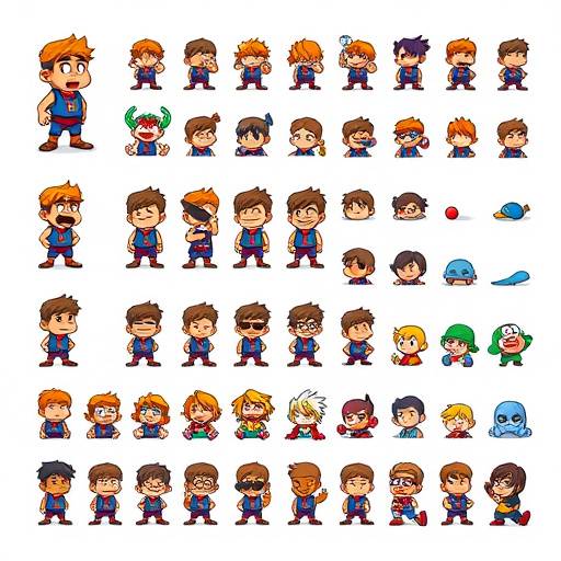 AI-generated sprite sheet in pixel art style, featuring various animations for a retro-style game character.