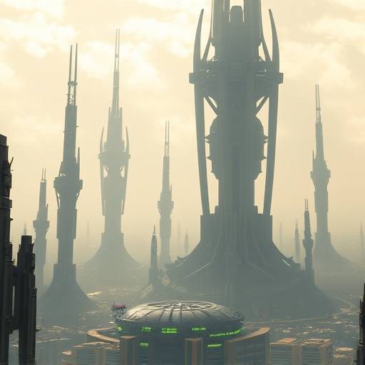 AI-generated vista of a futuristic alien cityscape, with towering structures and atmospheric lighting.
