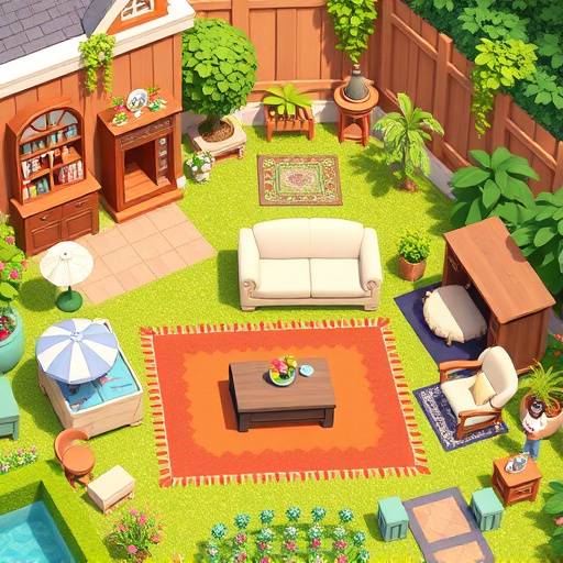 Charming and detailed game assets inspired by Homescapes, including furniture, garden elements, and animated characters