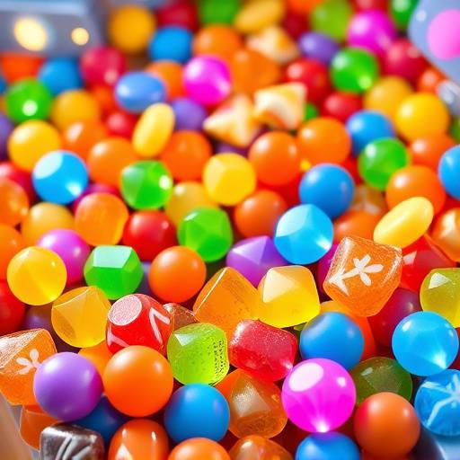 Colorful and vibrant game assets inspired by Candy Crush, featuring jewel-like candies, boosters, and characters