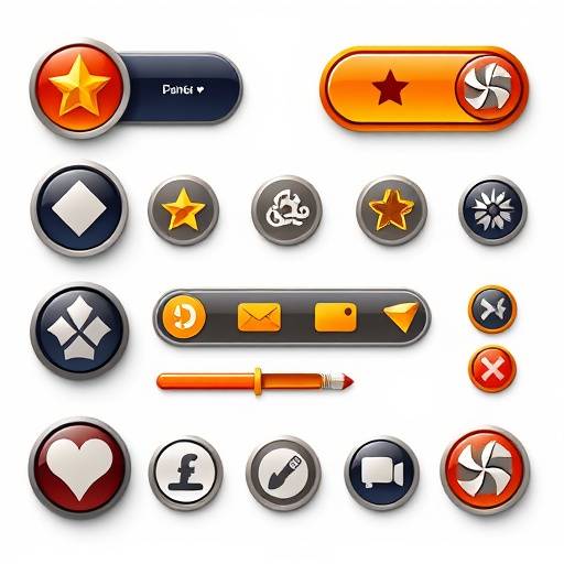 Examples of stylized user interface elements for mobile games, with rounded buttons and clear iconography