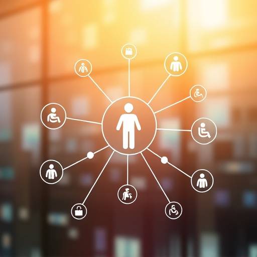 Icon symbolizing digital accessibility for all users, featuring interconnected figures and universal access symbols